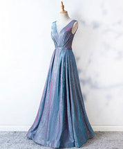 A-Line V-Neck Floor-Length Blue Iridescent Shimmer Prom Dress with Pleated Bodice