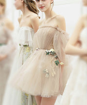 A-Line Off-the-Shoulder Short Tulle Floral-Trim Homecoming Dress