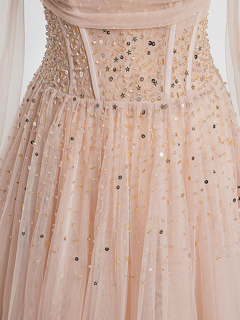 A-Line Off-the-Shoulder Floor-Length Blush Tulle Beaded Prom Dress with Soft Tulle Sleeves