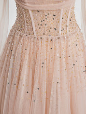 A-Line Off-the-Shoulder Floor-Length Blush Tulle Beaded Prom Dress with Soft Tulle Sleeves