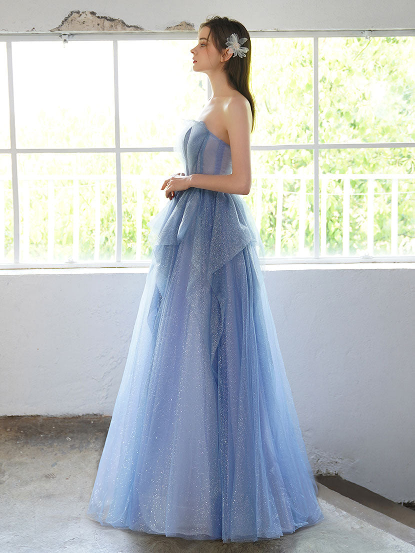 A-Line Sweetheart Neck Floor-Length Blue Tulle Layered Prom Dress with Glitter Finish