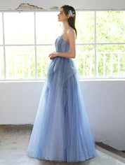 A-Line Sweetheart Neck Floor-Length Blue Tulle Layered Prom Dress with Glitter Finish