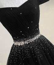 A-Line Off-the-Shoulder Floor-Length Black Tulle Beaded Prom Dress