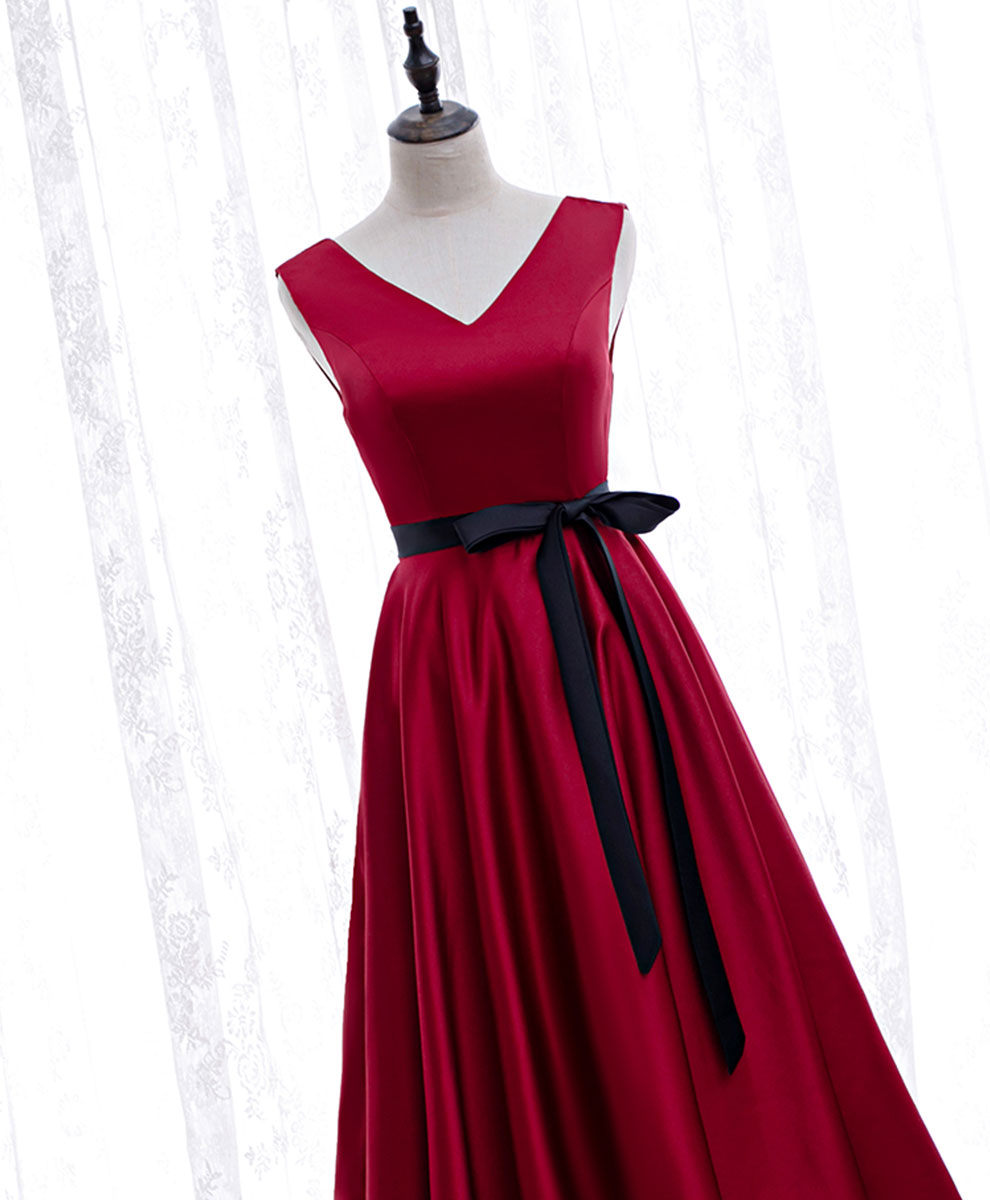 A-Line V-Neck Tea-Length Red Satin Homecoming Dress with Contrast Bow Waist