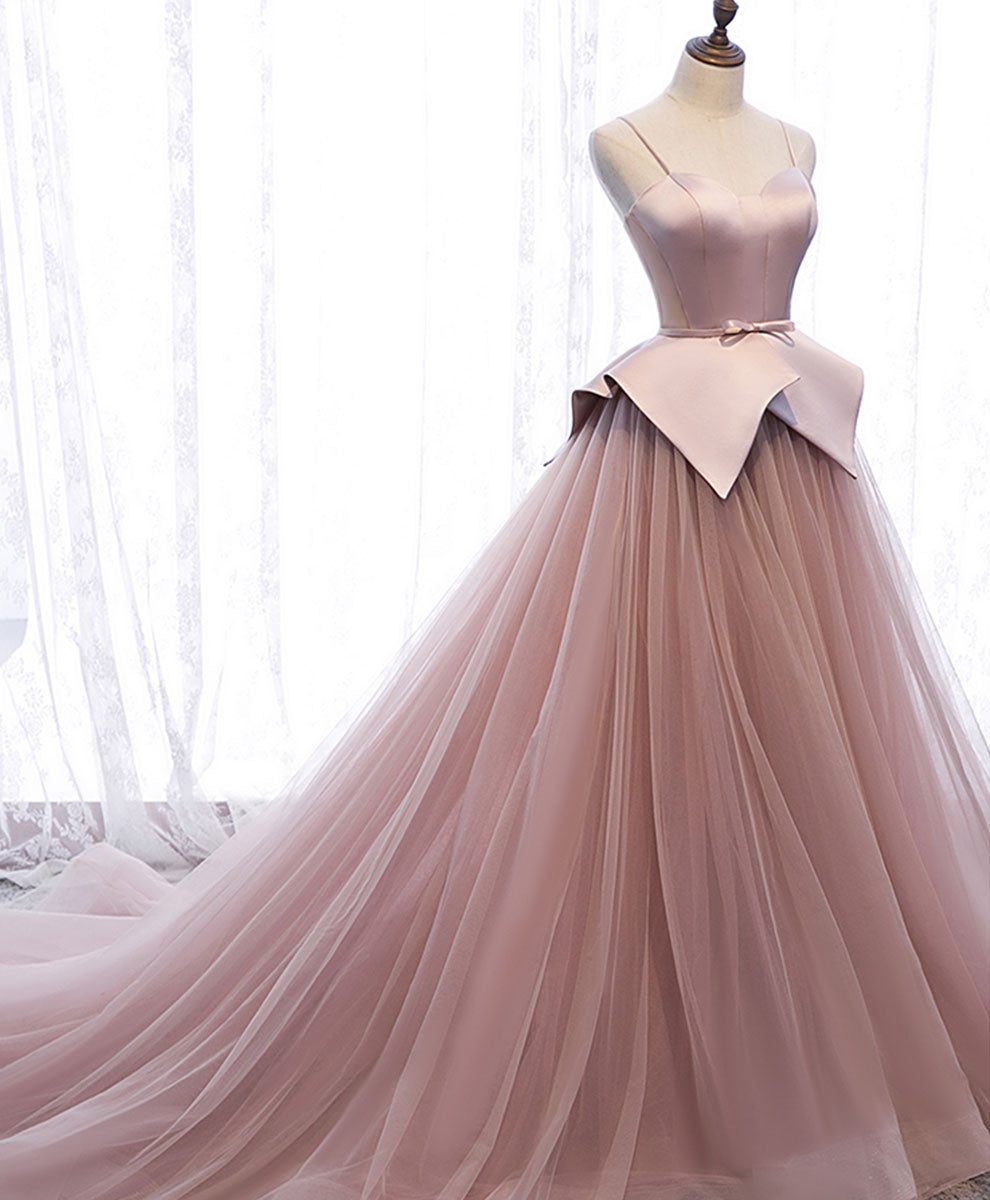 A-Line Sweetheart Floor-Length Blush Pink Tulle and Satin Prom Dress with Structured Bow Waist