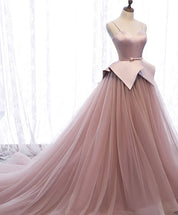 A-Line Sweetheart Floor-Length Blush Pink Tulle and Satin Prom Dress with Structured Bow Waist