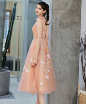 A-Line V-Neck Tea-Length Tulle Floral Appliqué Homecoming Dress