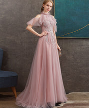 High Neck A-line Floor-Length Tulle & Lace Prom Dress with Sheer Puff Sleeves