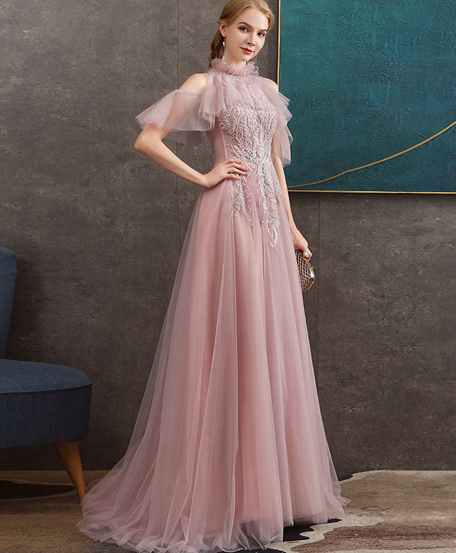 High Neck A-line Floor-Length Tulle & Lace Prom Dress with Sheer Puff Sleeves