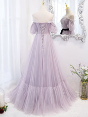 A-Line Lavender Sweetheart Floor-Length Tulle Prom Dress with Puff Sleeves and Ribbon Sash