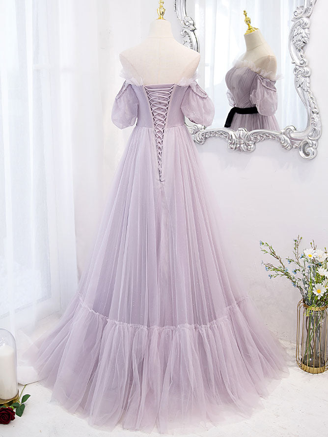 A-Line Lavender Sweetheart Floor-Length Tulle Prom Dress with Puff Sleeves and Ribbon Sash