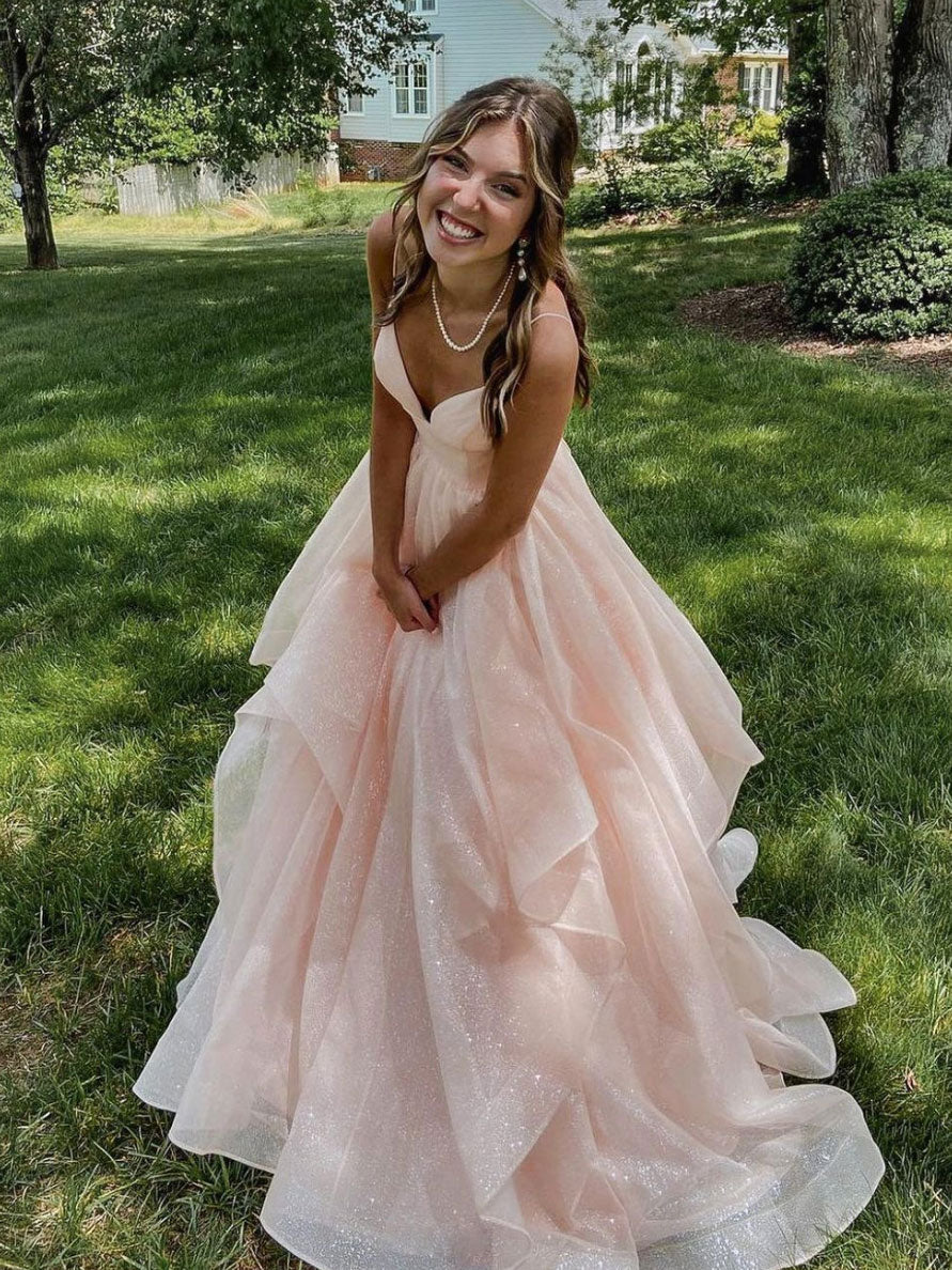 A-Line V-Neck Floor-Length Glitter Tulle Layered Prom Dress