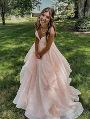 A-Line V-Neck Floor-Length Glitter Tulle Layered Prom Dress