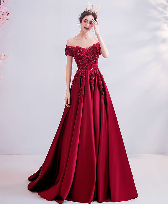 A-Line Off-the-Shoulder Floor-Length Satin & Lace Appliqué Prom Dress