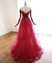 Off-the-Shoulder Floor-Length Tulle & Lace Prom Dress with Floral Embroidery