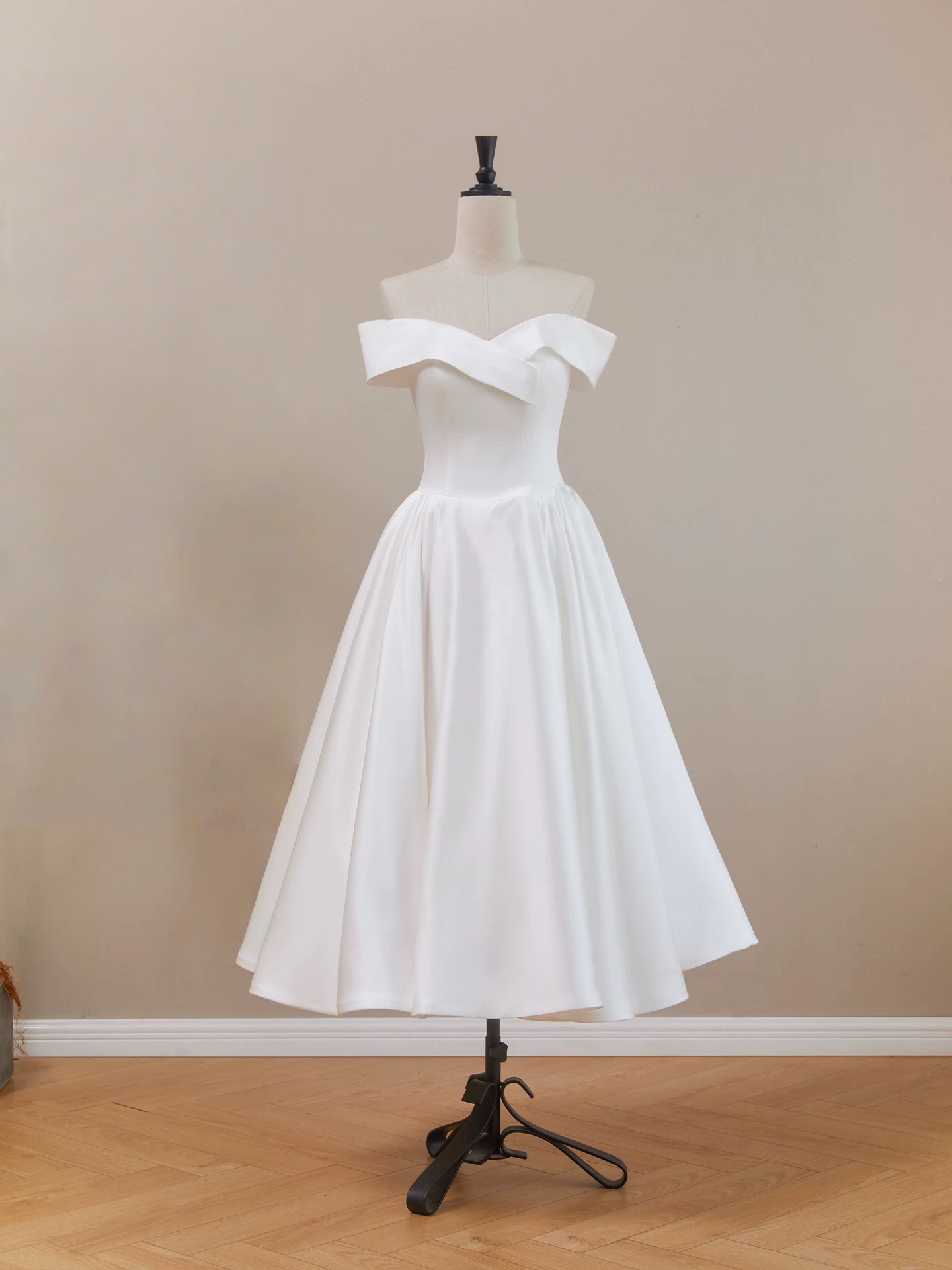 A-line Off Shoulder Tea Length White Prom Dress, White Formal Dress