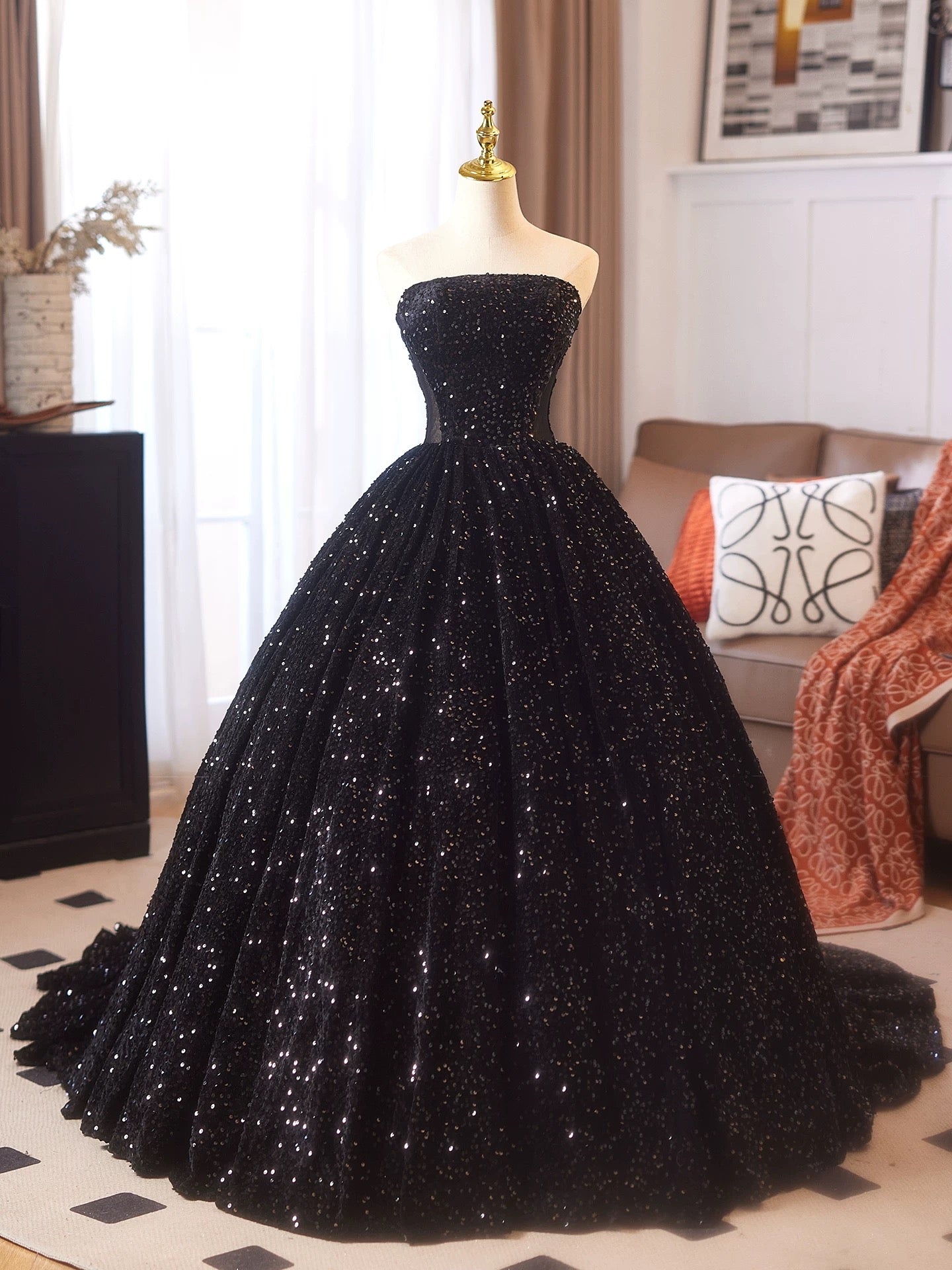 A-Line Velvet Sequin Black Long Prom Dress with Lace-Up Back