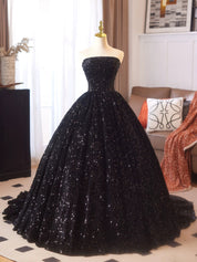 A-Line Velvet Sequin Black Long Prom Dress with Lace-Up Back