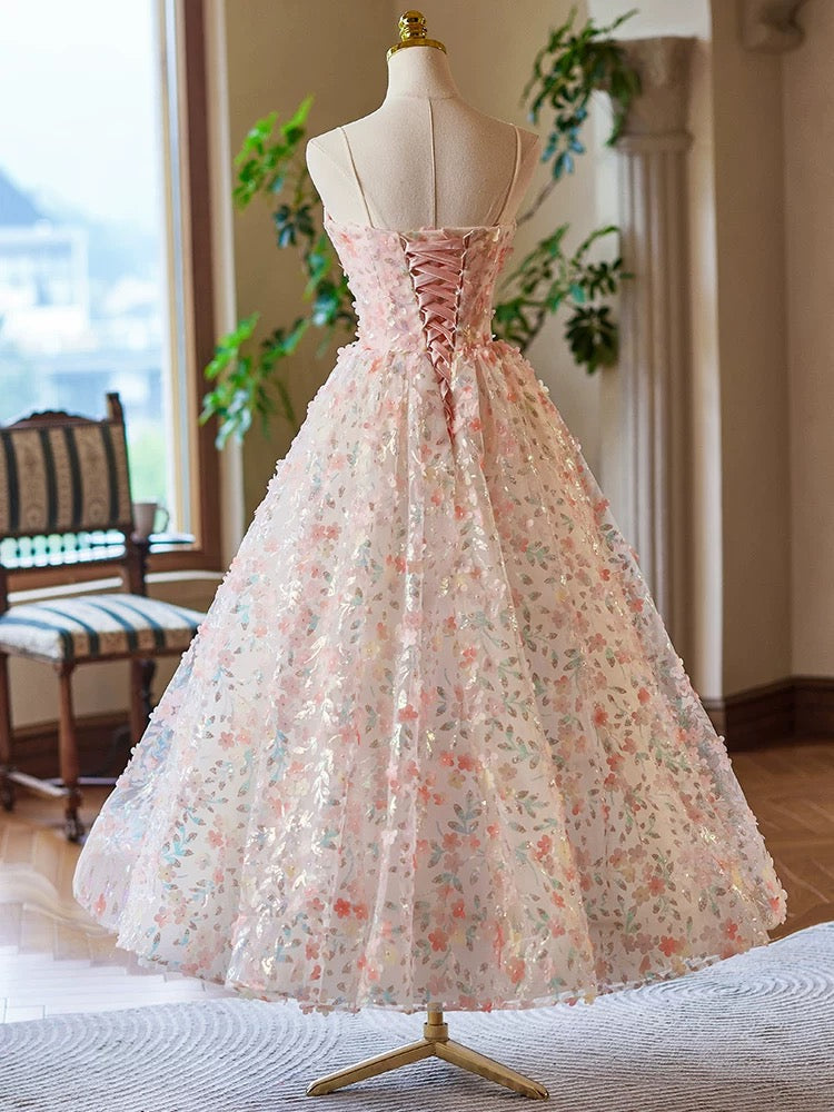 A-Line V Neck Flower Lace Tea Length Pink Prom Dress, Pink Formal Dress