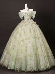 A-Line Off-Shoulder Tulle Lace Green Long Prom Dress | Elegant Formal Evening Gown