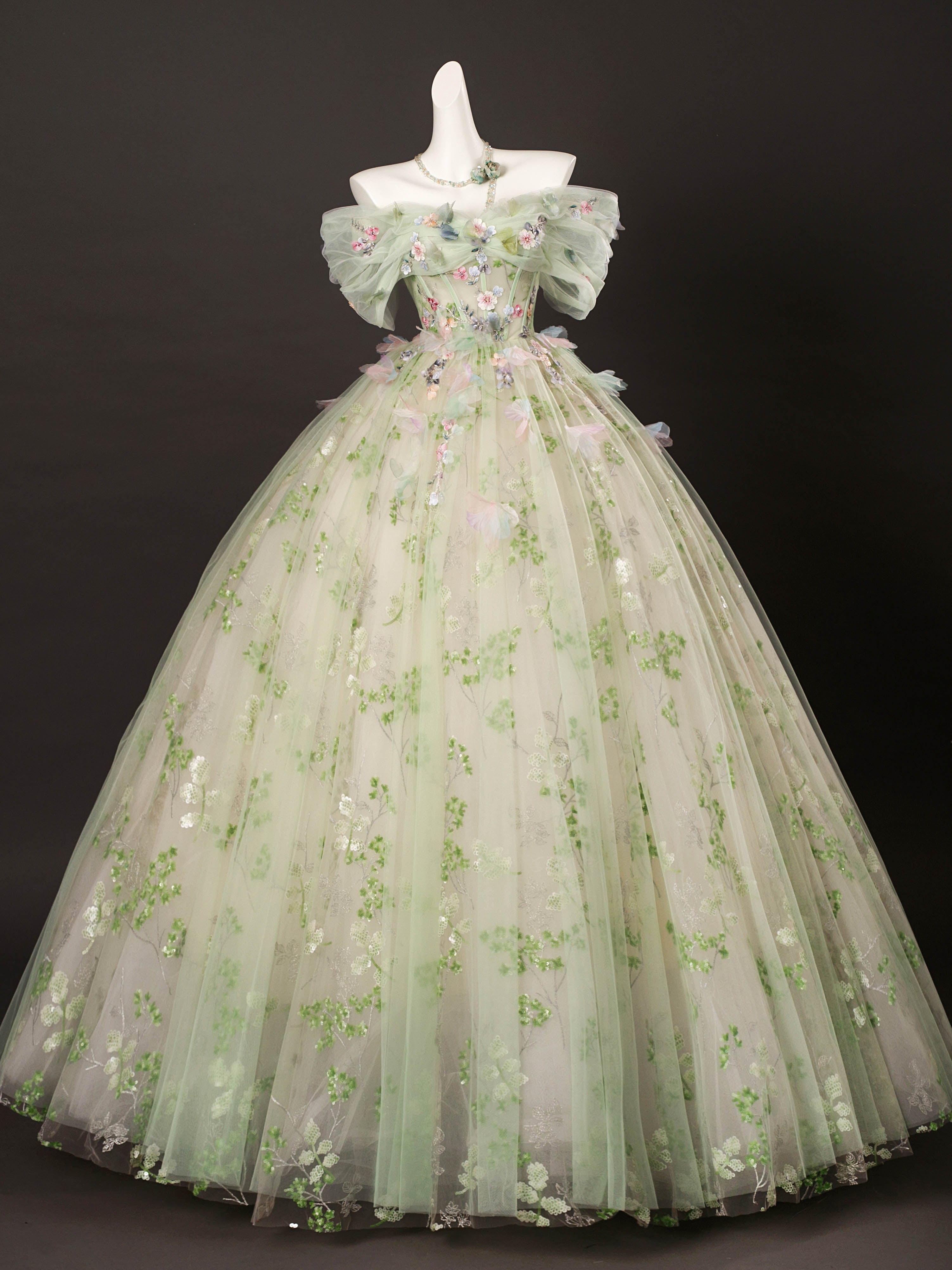 A-Line Off-Shoulder Tulle Lace Green Long Prom Dress | Elegant Formal Evening Gown