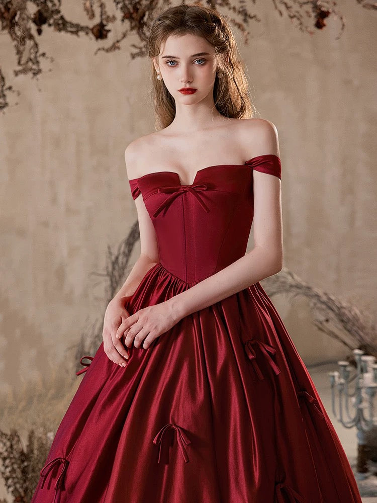 A-Line Off Shoulder Satin Burgundy Long Prom Dress, Burgundy Formal Dress