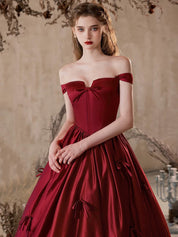 A-Line Off Shoulder Satin Burgundy Long Prom Dress, Burgundy Formal Dress