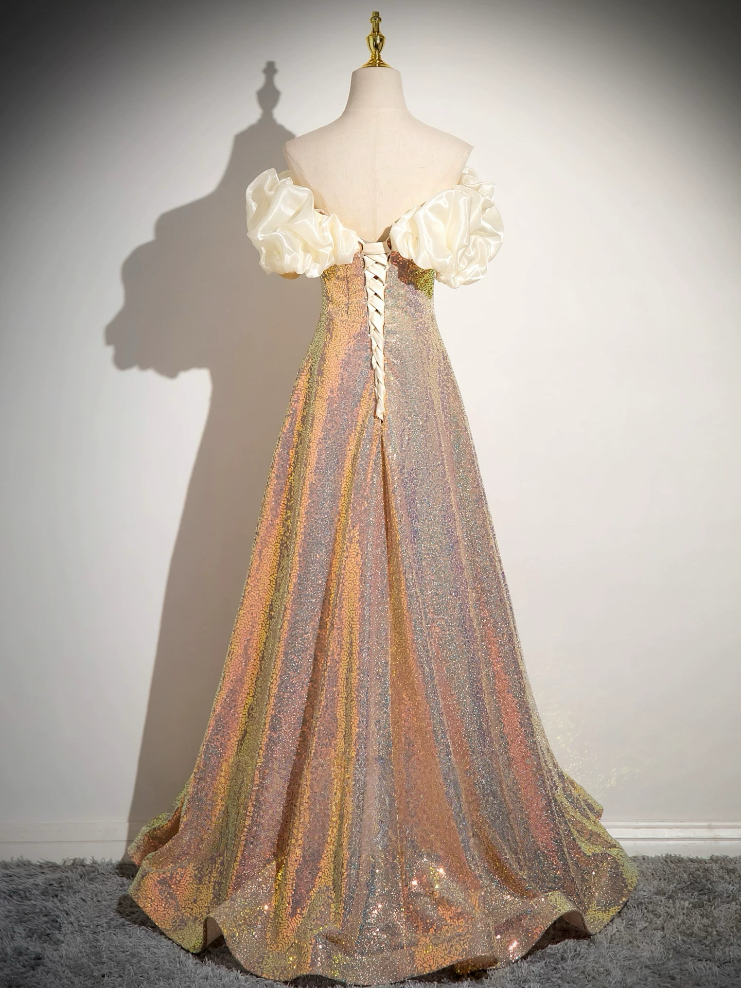 A-Line Off Shoulder Sequin Gold Pink Long Prom Dress, Sequin Evening Dress