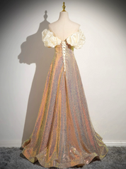 A-Line Off Shoulder Sequin Gold Pink Long Prom Dress, Sequin Evening Dress