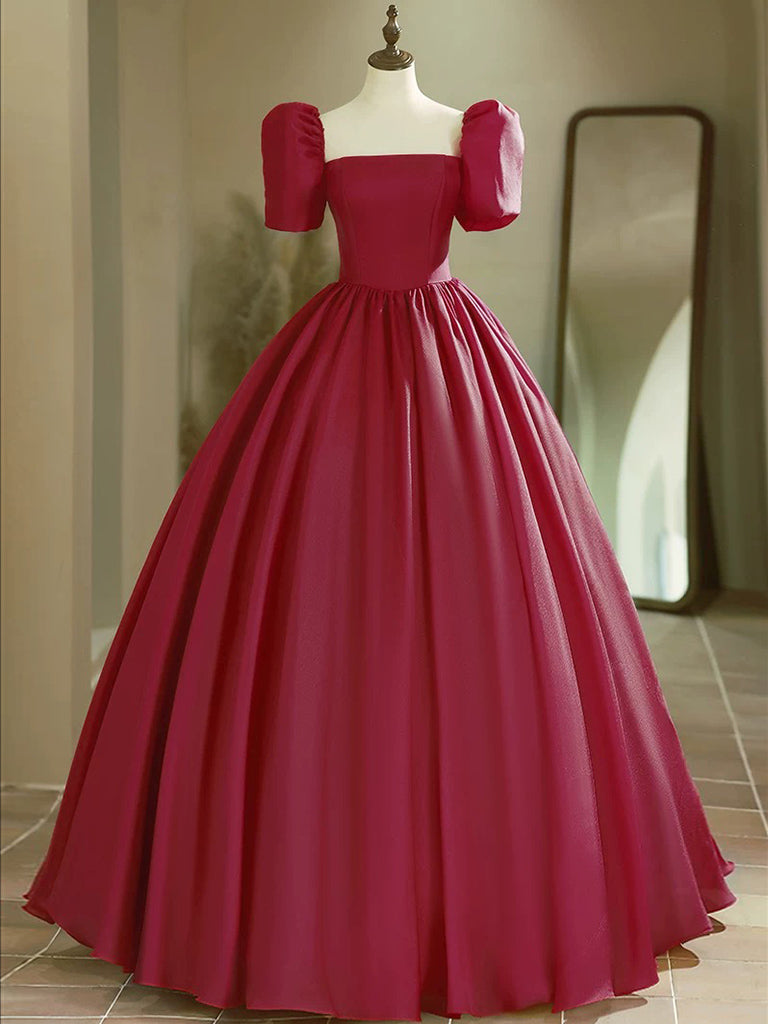 A-Line Puff Sleeves Burgundy Long Prom Dress, Burgundy Long Formal Dress