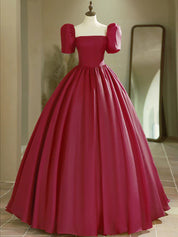 A-Line Puff Sleeves Burgundy Long Prom Dress, Burgundy Long Formal Dress