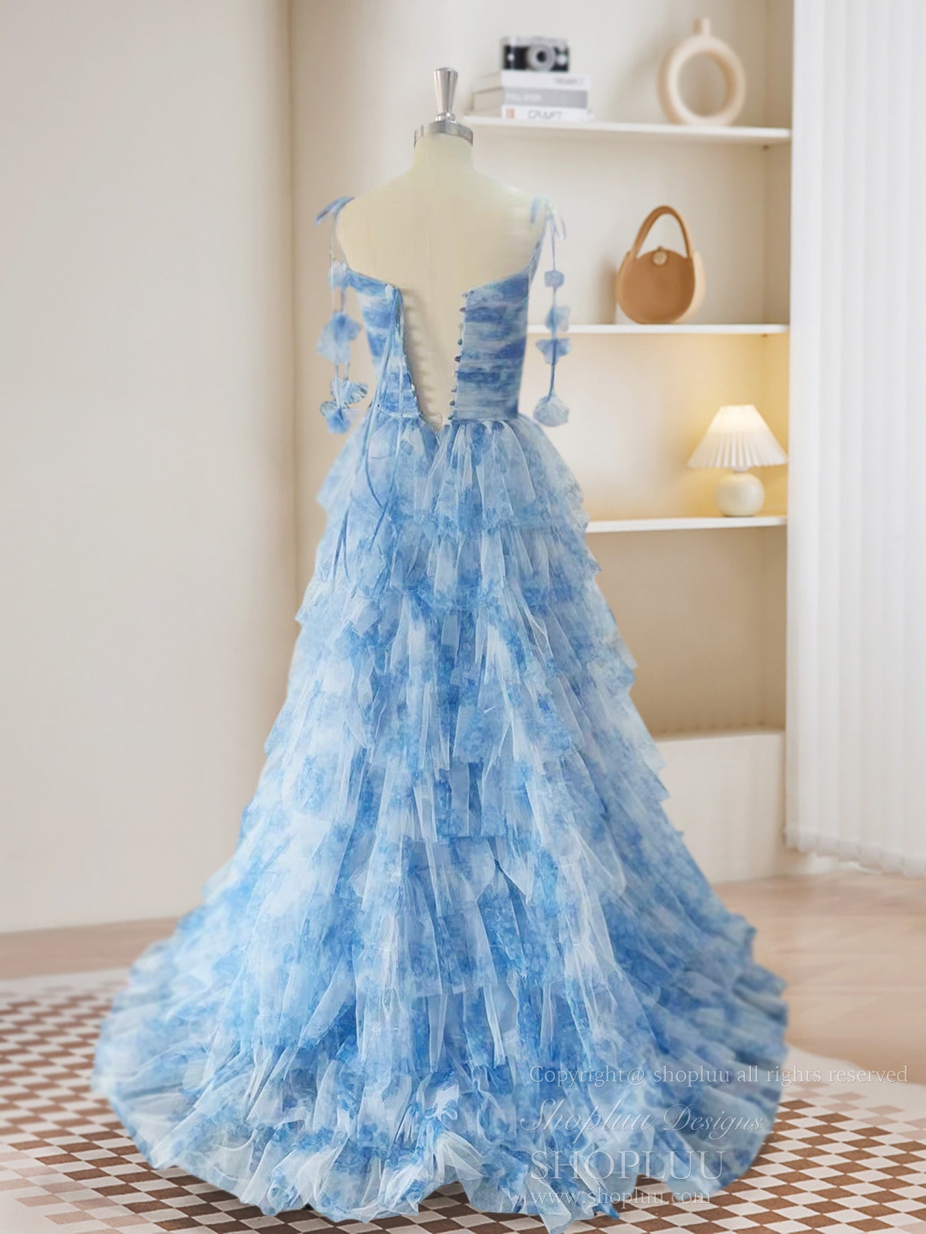 A-Line Sweetheart Neckline Floor-Length Blue Tulle Tiered Prom Dress