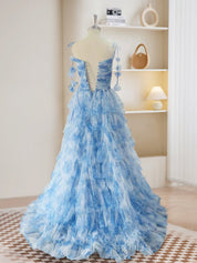 A-Line Sweetheart Neckline Floor-Length Blue Tulle Tiered Prom Dress