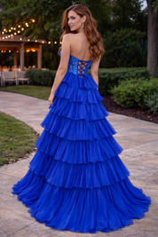 A-Line Strapless Floor-Length Yellow Chiffon Prom Dress with Tiered Ruffles and High Slit