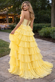 A-Line Strapless Floor-Length Yellow Chiffon Prom Dress with Tiered Ruffles and High Slit