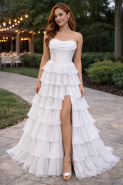 A-Line Strapless Floor-Length Yellow Chiffon Prom Dress with Tiered Ruffles and High Slit