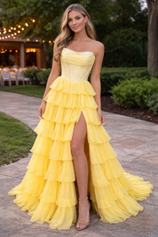 A-Line Strapless Floor-Length Yellow Chiffon Prom Dress with Tiered Ruffles and High Slit