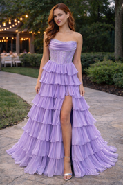 A-Line Strapless Floor-Length Yellow Chiffon Prom Dress with Tiered Ruffles and High Slit