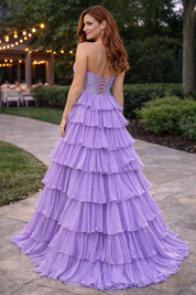 A-Line Strapless Floor-Length Yellow Chiffon Prom Dress with Tiered Ruffles and High Slit