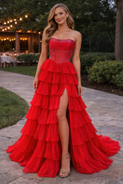 A-Line Strapless Floor-Length Yellow Chiffon Prom Dress with Tiered Ruffles and High Slit