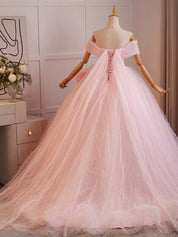 A-Line Off Shoulder Tulle Pink Long Prom Dress, Pink Tulle Long Sweet 16 Dress