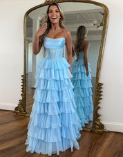 A-Line Strapless Floor-Length Yellow Chiffon Prom Dress with Tiered Ruffles and High Slit