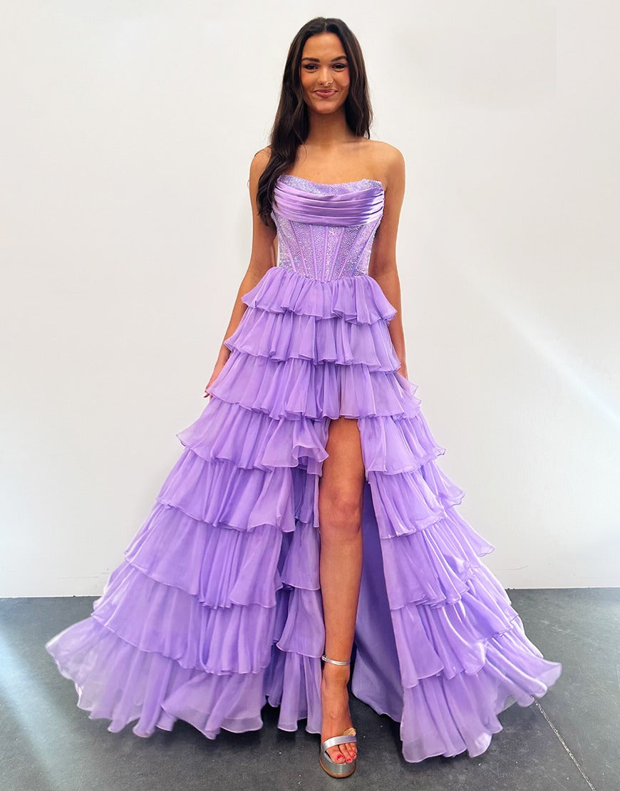 A-Line Strapless Floor-Length Yellow Chiffon Prom Dress with Tiered Ruffles and High Slit