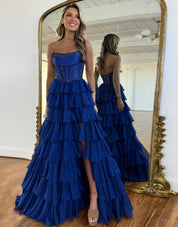 A-Line Strapless Floor-Length Yellow Chiffon Prom Dress with Tiered Ruffles and High Slit