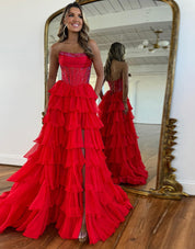 A-Line Strapless Floor-Length Yellow Chiffon Prom Dress with Tiered Ruffles and High Slit