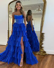 A-Line Strapless Floor-Length Yellow Chiffon Prom Dress with Tiered Ruffles and High Slit