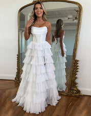 A-Line Strapless Floor-Length Yellow Chiffon Prom Dress with Tiered Ruffles and High Slit