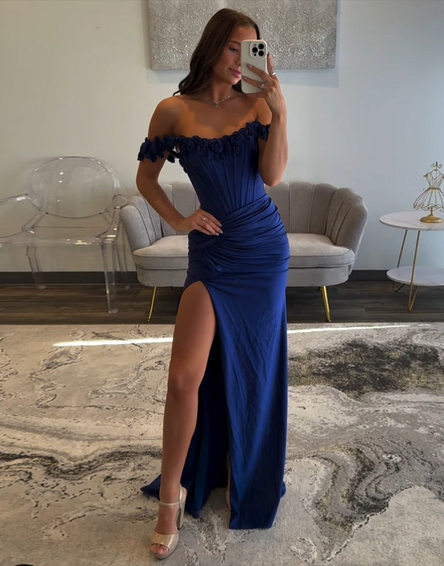 Sheath Off-the-Shoulder Floor-Length Light Blue Satin Slit Prom Dress