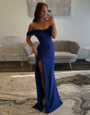 Sheath Off-the-Shoulder Floor-Length Light Blue Satin Slit Prom Dress