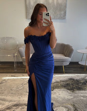 Sheath Off-the-Shoulder Floor-Length Light Blue Satin Slit Prom Dress